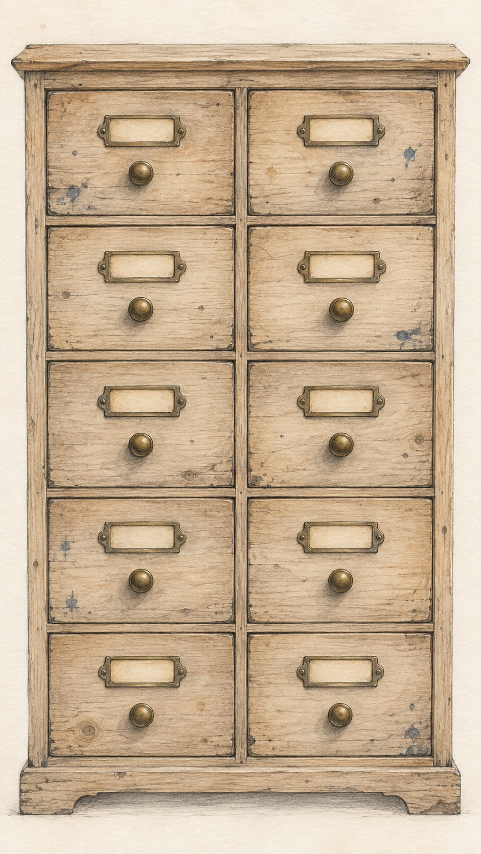 Alter hölzerner Archivschrank mit zehn Schubladen